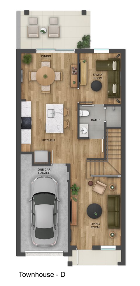 A floor plan of a townhouse with a kitchen, living room, dining room, and a one-car garage.